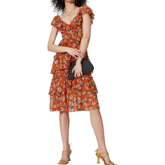 Marissa Webb Deep Orange Floral Magnolia Bouquet Ruffle Dress 12 - Picture 1 of 5